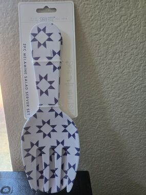 Sara Fitz Salad Servers White And Blue Geometric Print